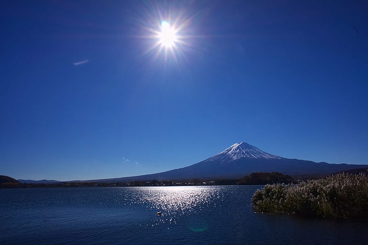 boyama, güzel gün, dağ, mavi gökyüzü, deniz, resim, Yamanashi Yamanashi, Yamanashi ili, Kawaguchi Gölü, Fuji Dağı, mt Fuji, doğa, volkan, japonya, göl, gökyüzü, kar, manzara, manzara, HD masaüstü duvar kağıdı