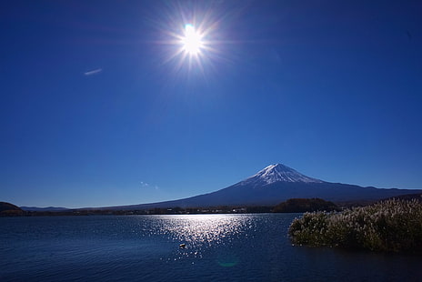 boyama, güzel gün, dağ, mavi gökyüzü, deniz, resim, Yamanashi Yamanashi, Yamanashi ili, Kawaguchi Gölü, Fuji Dağı, mt Fuji, doğa, volkan, japonya, göl, gökyüzü, kar, manzara, manzara, HD masaüstü duvar kağıdı HD wallpaper