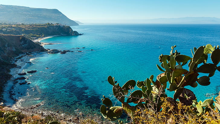 Calabria, sea, landscape, Italy, plants, nature, Capo Vaticano, HD wallpaper
