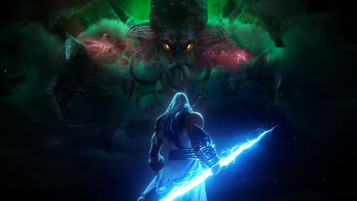 Zeus, God, battle, octopus, dark, HD wallpaper