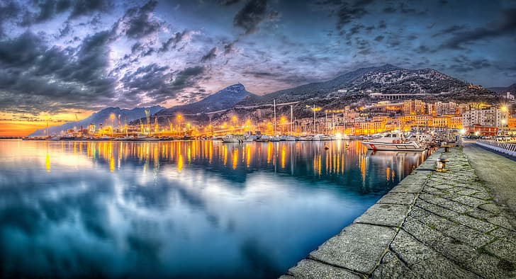 ciel, eau, paysage urbain, lumières, Salerne, Italie, Fond d'écran HD