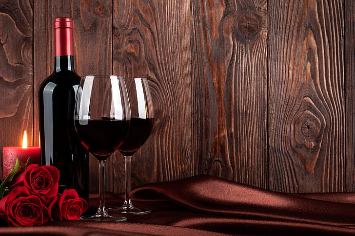 flowers, background, fire, wine, Board, bottle, roses, candle, glasses, red, fabric, bokeh, HD wallpaper