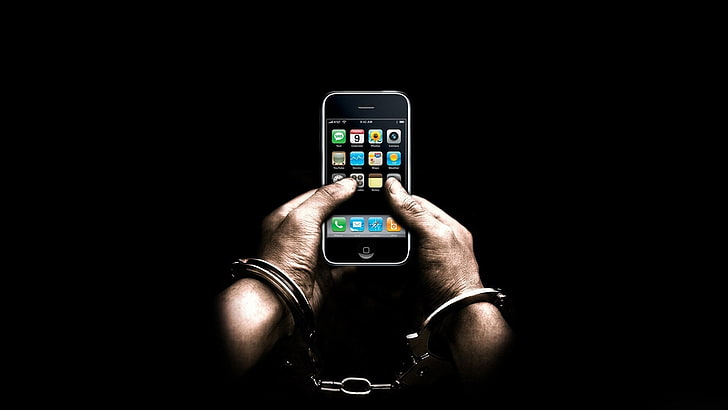 black iPod touch, apple, iphone, black, hand, handcuffs, fingers, HD wallpaper