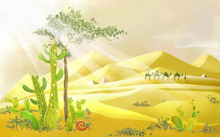 Kunstwerk, Wüste, Kaktus, Kamele, Sand, HD-Hintergrundbild