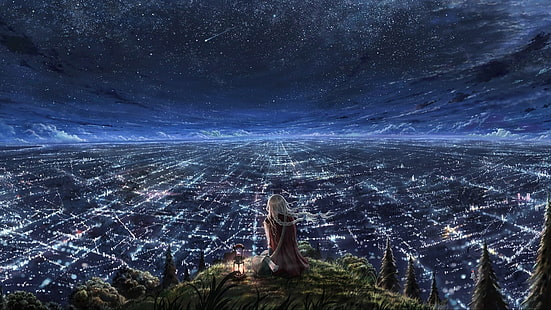 kobieta siedząca na skraju góry, osoba siedząca nocą na zielonym klifie, kobiety, gwiaździsta noc, animacja, rysunek, pejzaż miejski, miasto, anime dziewczyny, niebo, latarnia, fantasy art, Tapety HD HD wallpaper