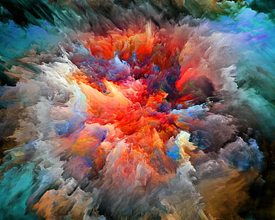 orange, svart, grå och blå abstrakt målning, explosion, abstraktion, färg, rök, ljusstyrka, HD tapet HD wallpaper