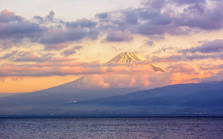 Giappone, Fuji vulcano, lago, nuvole, crepuscolo, Giappone, Fuji, vulcano, lago, nuvole, crepuscolo, Sfondo HD