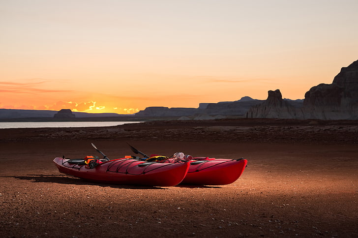 portapacchi auto nero e rosso, barca, natura, spiaggia, canoe, formazione rocciosa, sabbia, Sfondo HD