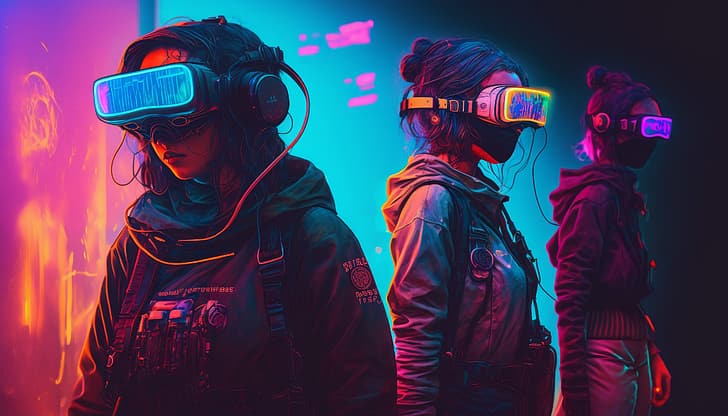 KI-Kunst, Illustration, VR-Headset, Cyberpunk, Frauen, HD-Hintergrundbild