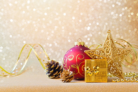 diversi decori natalizi assortiti, decorazioni, palline, Capodanno, Natale, Allegro, Sfondo HD HD wallpaper