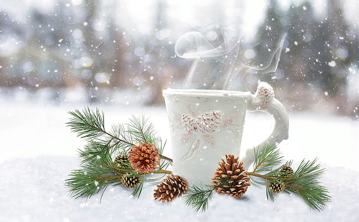 Kawa parowa, zima, biały kubek ceramiczny, pory roku, zima, biały, poranek, kawa, świeża, śnieg, ciepło, gotowanie na parze, napój, napój, przytulny, kubek do kawy, filiżanka kawy, utrzymywanie ciepła, napar, szyszki, sosny, Tapety HD