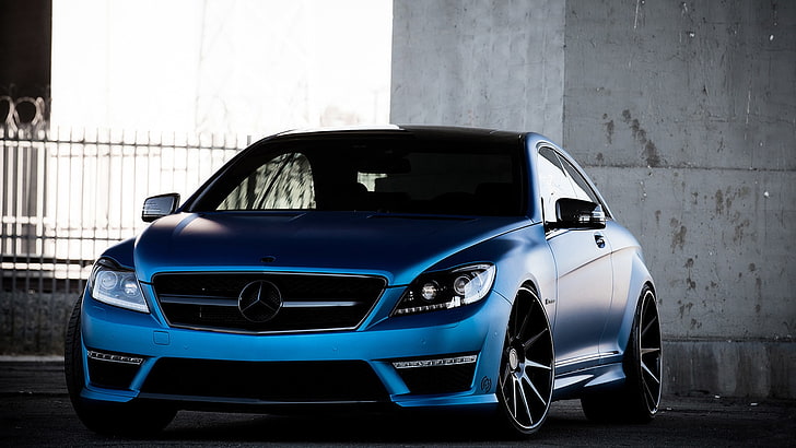 blue Mercedes-Benz coupe, Mercedes-Benz, Auto, Blue, The fence, Tuning, Machine, Parking, HD wallpaper