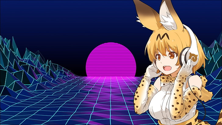 anime, Kemono Friends, vaporwave, music, abstract, 3D, edit, Serval (Kemono Friends), picture-in-picture, HD wallpaper
