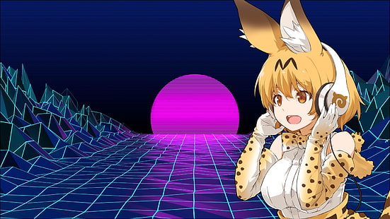 anime, Kemono Friends, vaporwave, music, abstract, 3D, edit, Serval (Kemono Friends), picture-in-picture, HD wallpaper HD wallpaper