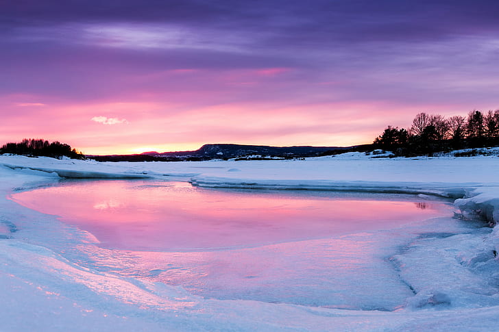 water covered with ice with stratus clouds photography, water, covered, ice, stratus clouds, photography, winter, snow, norway, Sunset, outdoors, blue, purple, Canon, landscape, pink, 35mm, improv, tripod, nature, night, scenics, sky, beauty In Nature, sunrise - Dawn, dusk, frost, cold - Temperature, HD wallpaper