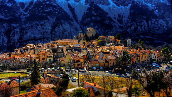 Greolieres, France, town, houses, Alps, tilt-shift photography, aerial photo of city, Greolieres, France, Town, Houses, Alps, Tilt, Shift, Photography, HD wallpaper HD wallpaper