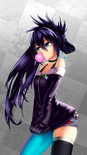 illustration de femme aux cheveux violets, filles anime, yeux bleus, cheveux noirs, bulles, cheveux longs, Fond d'écran HD HD wallpaper