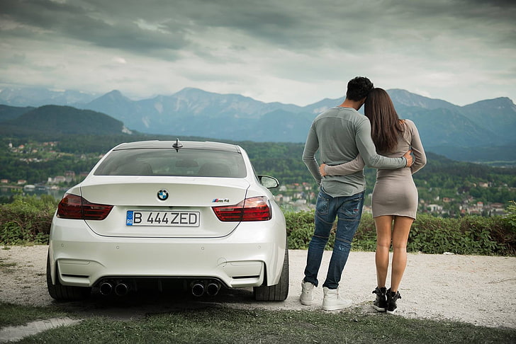 white BMW M4, couple, BMW M4 Coupe, landscape, HD wallpaper