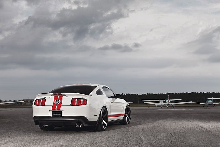 white and red Ford Mustang coupe, ford mustang, gt500, shelby, muscle car, ford, HD wallpaper