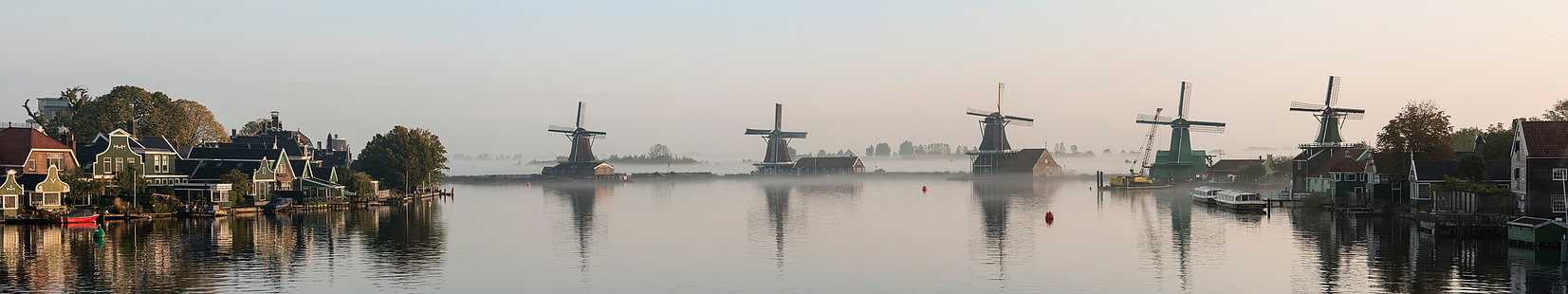 windmills near body of water, Netherlands, windmill, water, river, sky, town, Dutch, holland, Zaanse Schans, Europe, panorama, HD wallpaper HD wallpaper