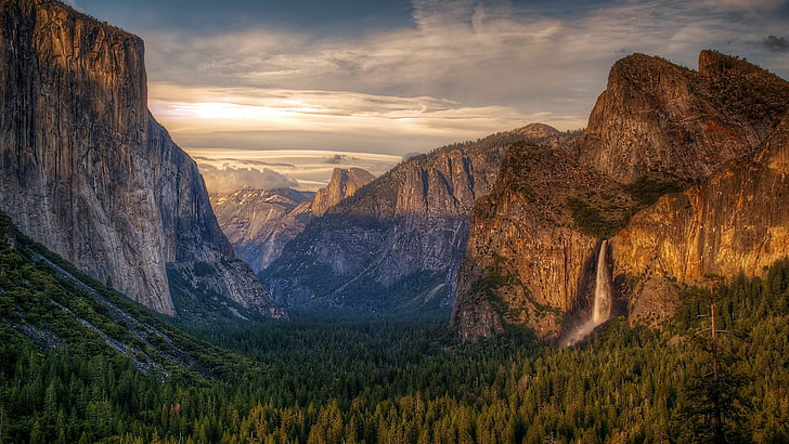alberi verdi, paesaggio, natura, canyon, valle, scogliera, montagne, foresta, alberi, cascata, parco nazionale di Yosemite, Sfondo HD