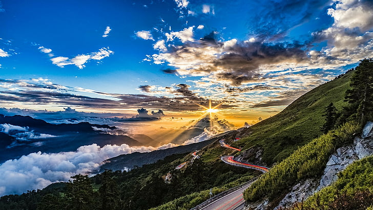 cielo, nube, naturaleza, ladera de la montaña, montaña, la carretera, fotografía de paisaje, mañana, horizonte, paisaje, luz de sol, Monte Hehuan, Hehuanshan, Monte Hehuan, Taiwán, Asia, Fondo de pantalla HD