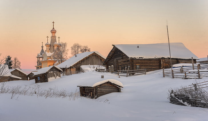 village, snow, winter, Russia, church, HD wallpaper