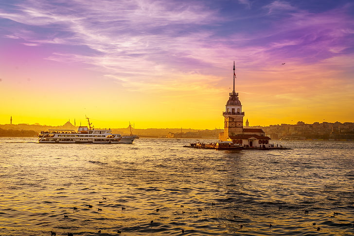 Стамбул, Девичья башня, закат, Турция, Небо, Пейзаж, HD обои