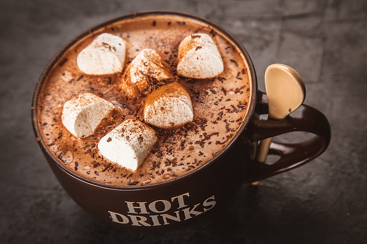 marshmallow, Hot Cocoa, cangkir, marshmallow, minuman, sendok, makanan, Wallpaper HD