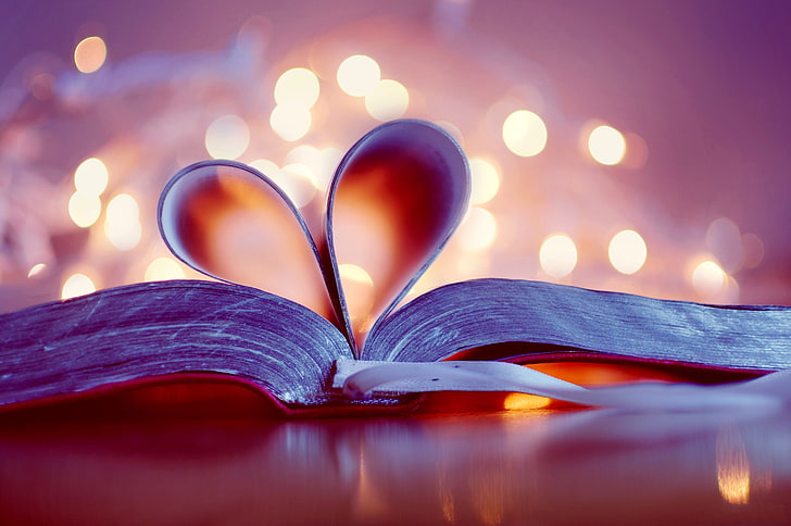 open book low light photography, book, bokeh, page, bookmark, heart, HD wallpaper