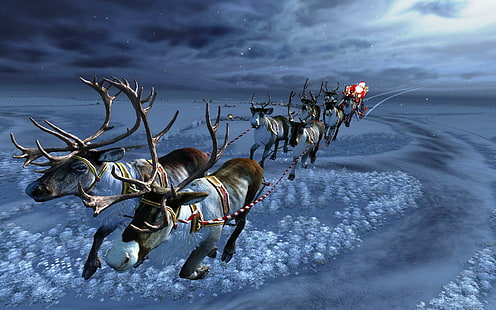 Santas Sleighride, raindeers with sledge and santa claus illustration, landscape, christmas, snow, reindeers, winter, xmas, 3d and abstract, HD wallpaper HD wallpaper