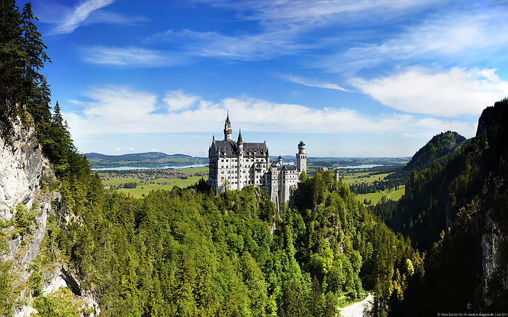puri beton putih dan abu-abu, Jerman, Kastil Neuschwanstein, Pegunungan Alpen Bavaria, Pegunungan Alpen Bavaria, Wallpaper HD