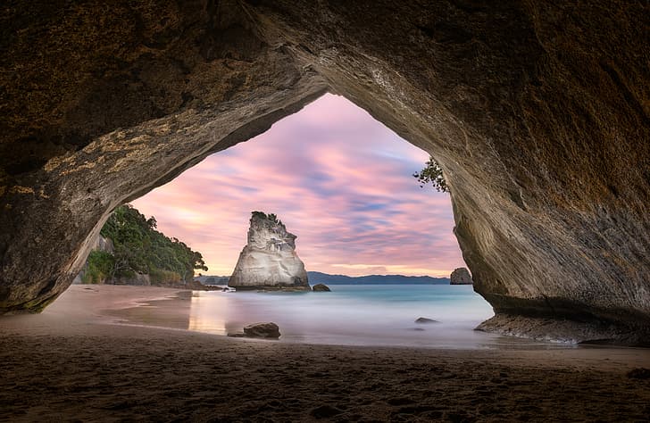 sea, beach, landscape, sunset, nature, rock, New Zealand, arch, Cathedral Cove, the Peninsula, Coromandel, HD wallpaper