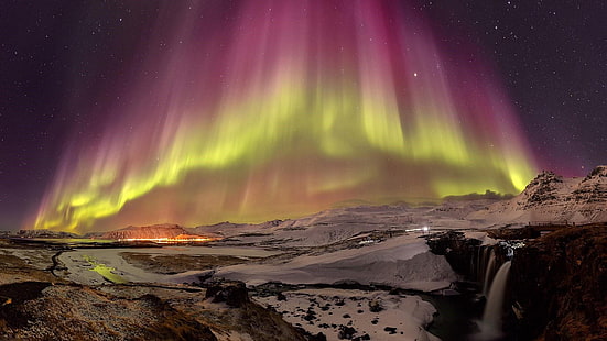 исландия, звезды, небо, снег, ночь, ночные огни, ночное небо, красочные, полярные огни, северное сияние, природа, пейзаж, исландия, явление, атмосфера, северное сияние, HD обои HD wallpaper