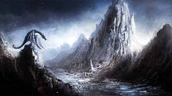 Skyrim game wallpaper, video games, fantasy art, The Elder Scrolls V: Skyrim, dragon, HD wallpaper HD wallpaper