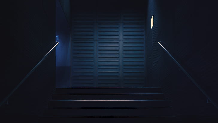 stairway, blue, dark, lights, handrail, stairs, numbers, HD wallpaper