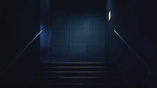 stairway, blue, dark, lights, handrail, stairs, numbers, HD wallpaper HD wallpaper