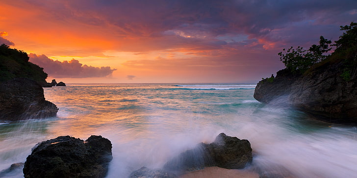 nature, landscape, sunset, coast, island, beach, rock, sea, clouds, sky, yellow, orange, Bali, Indonesia, long exposure, HD wallpaper