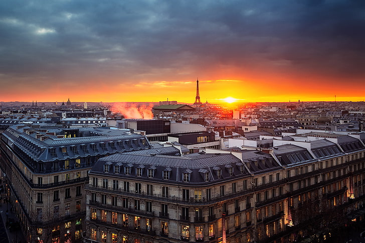 niebo, zachód słońca, Paryż, wieża, dom, wieczór, panorama, Francja, Tapety HD