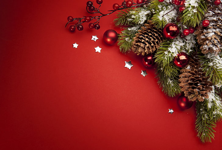 bola perhiasan merah, liburan, mainan, tahun baru, pohon cemara, pemandangan, benjolan, selamat tahun baru, dekorasi natal, Wallpaper Natal, warna natal, Wallpaper HD