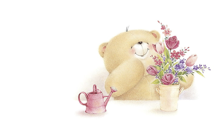 beige bear plush toy, red and pink rose flowers and tulip flowers in vase, and pink watering can illustration, smile, mood, art, bear, a bunch, children's, Forever Friends Deckchair bear, HD wallpaper