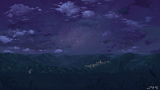 anime movie still, ciel, fille, étoiles, nuages, arbres, nuit, nature, la ville, lumières, accueil, anime, art, forme, écolière, yuuko-san, Fond d'écran HD HD wallpaper