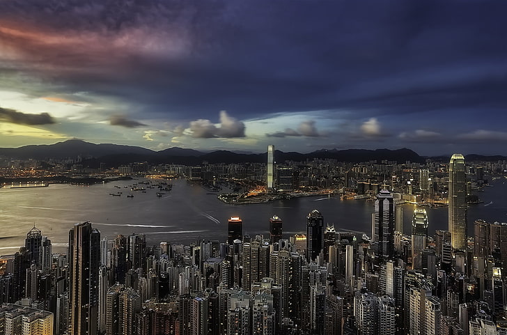 sunset, Hong Kong, Causeway Bay, HD wallpaper