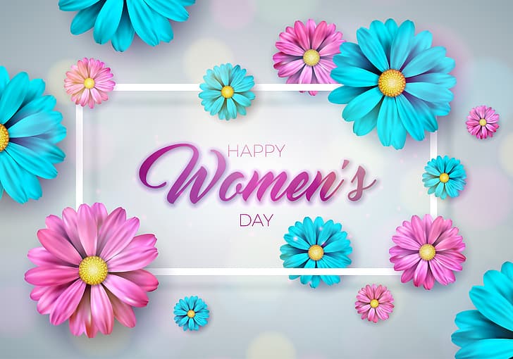 flowers, pink, happy, March 8, blue, women's day, 8 march, HD wallpaper