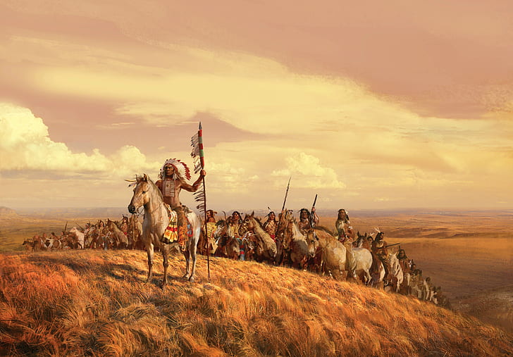 artwork, painting, Native Americans, horse, Native American clothing, nature, hills, clouds, spear, feathers, HD wallpaper