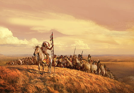 artwork, painting, Native Americans, horse, Native American clothing, nature, hills, clouds, spear, feathers, HD wallpaper HD wallpaper