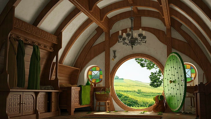 intérieur de maison rond blanc et marron, Le Seigneur des Anneaux, Sac End, Fond d'écran HD
