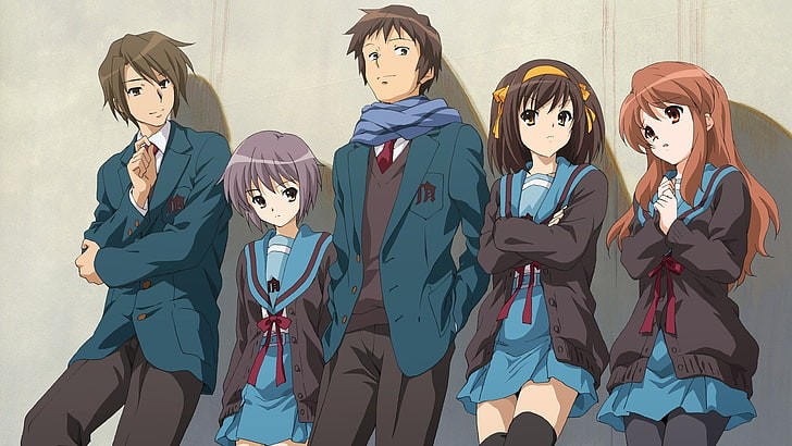 A melancolia de Haruhi Suzumiya, anime, Nagato Yuki, Kyon, Asahina Mikuru, Koizumi Itsuki, Suzumiya Haruhi, HD papel de parede