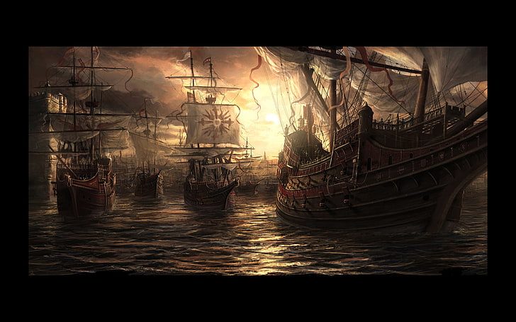 papier peint bateau galion marron, navire, oeuvre d'art, art fantastique, Fond d'écran HD