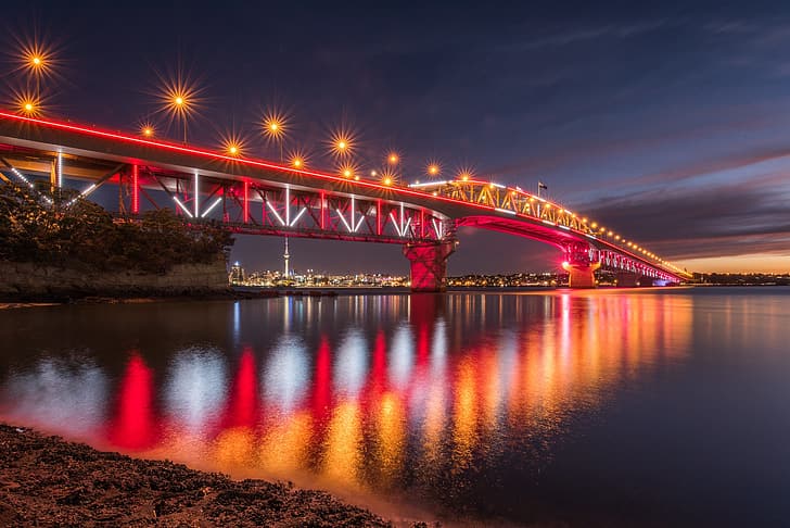 pont, lumières, le soir, Nouvelle-Zélande, Auckland, Fond d'écran HD